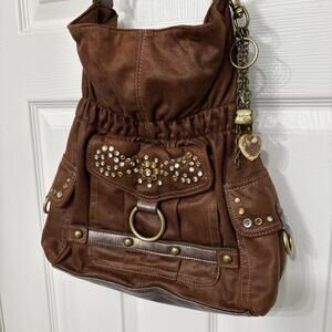 Kathy Van Zeeland Shoulder Bag Purse Brown Faux Suede Leather Hobo Bling Charms